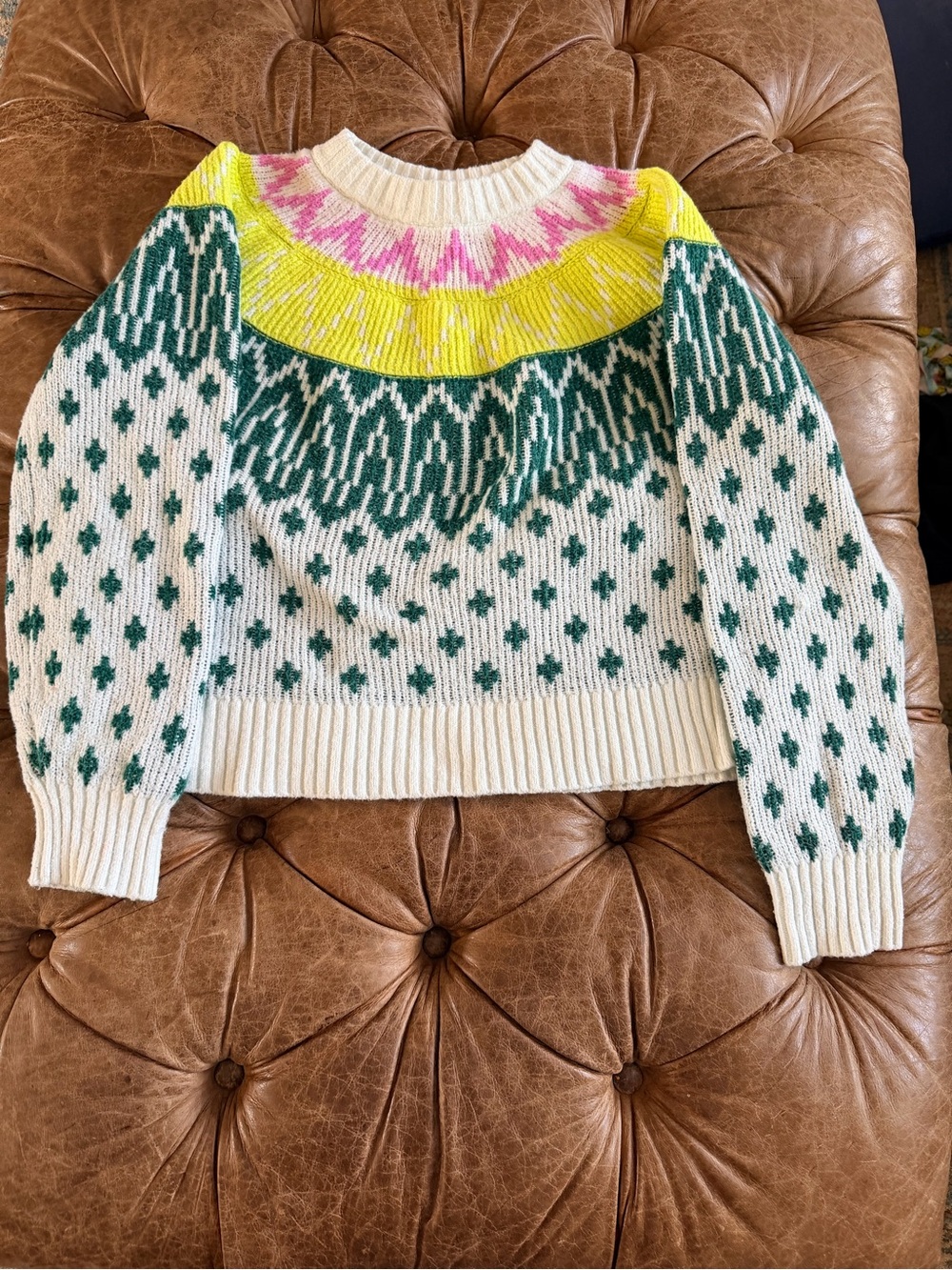Old Navy Girls Fair Isle Cropped Sweater Size L 10-12 Cream Green Pink Yellow